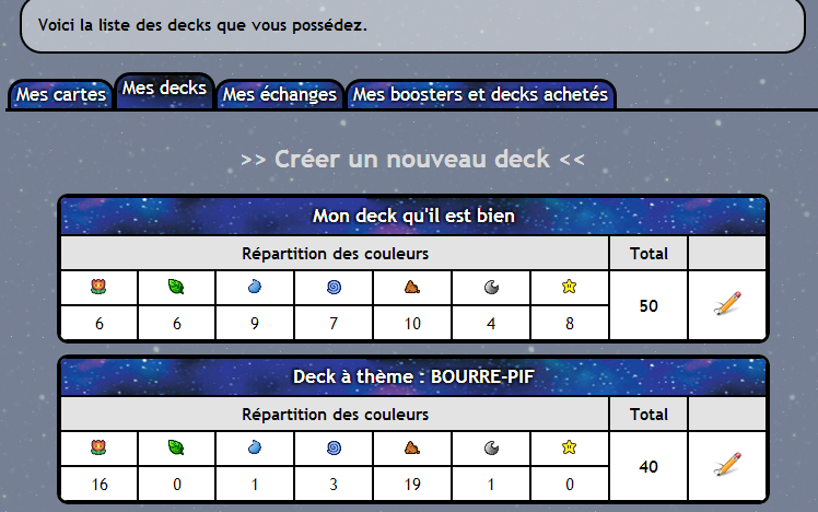 La liste des decks