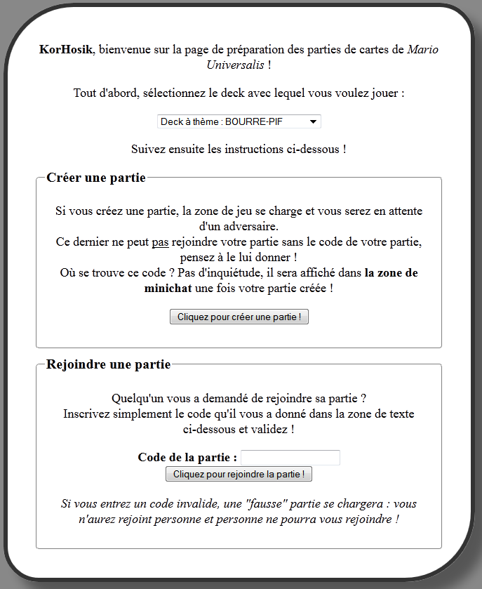 Page d'accueil de création d'une partie de cartes Ninendo